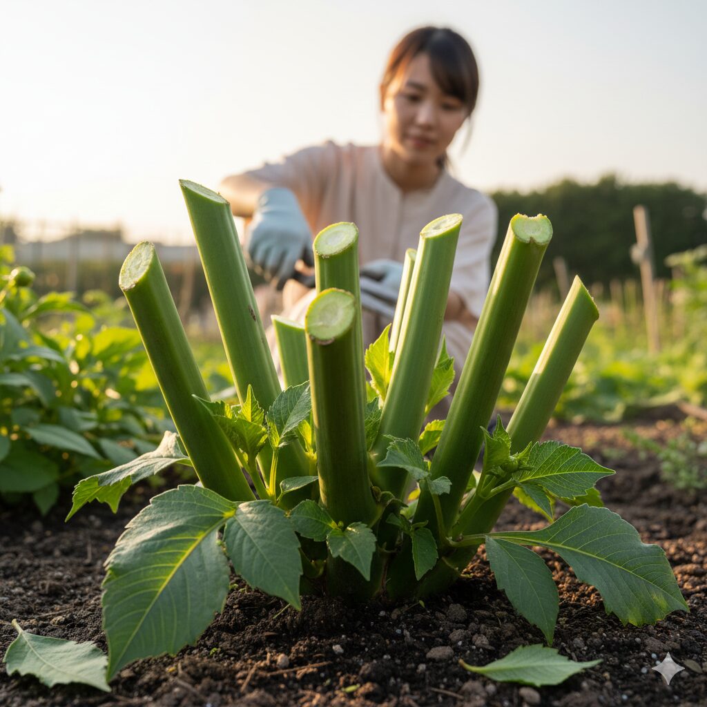 ダリア育てかた　秋の開花に向けて夏に行うダリアの切り戻し剪定。葉を残して低く切り詰められた株の様子。