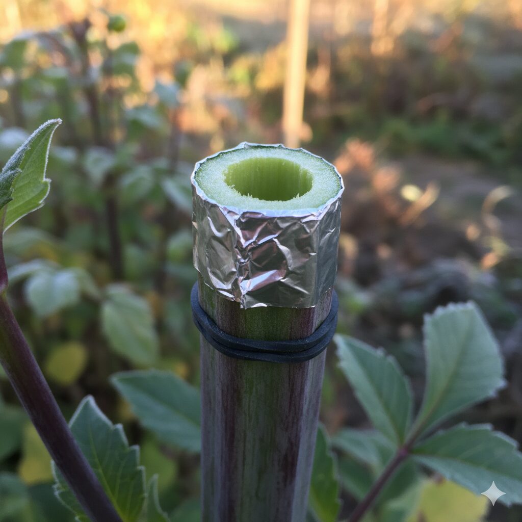 ダリア育てかた　ダリアの茎の空洞な切り口を雨水から守るため、アルミホイルを被せて保護した様子。