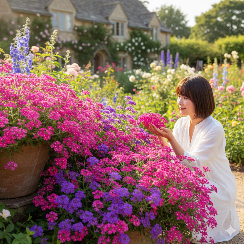 バーベナ 切り戻し 時期1 満開に咲き誇りプランターから溢れるように美しく咲くピンクのバーベナの風景。