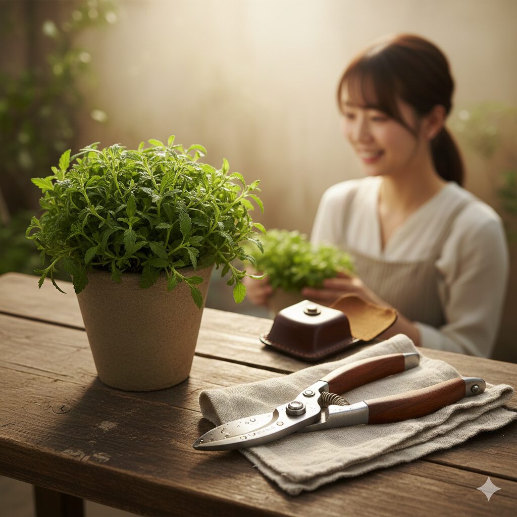 バーベナ 切り戻し 時期10 バーベナの切り戻し作業に使用した後の清潔に手入れされた園芸用ハサミと鉢植え。