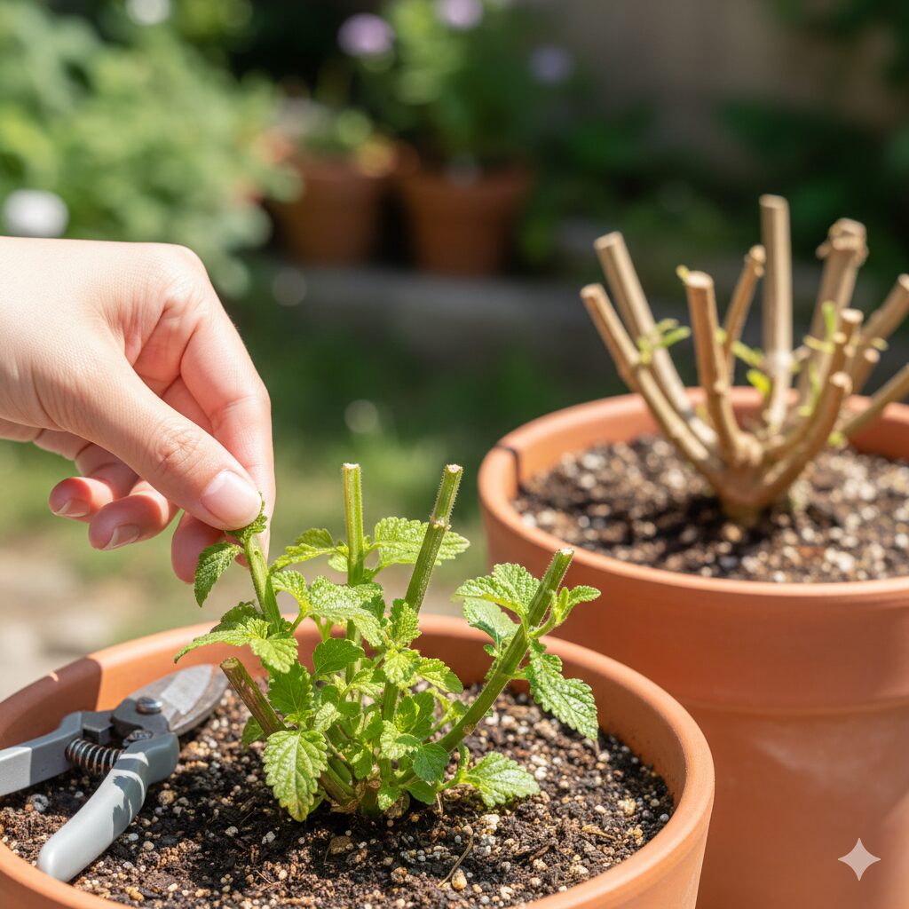 バーベナ 切り戻し 時期5 切り戻し後も光合成のために緑の葉を数枚残した健全なバーベナの株。
