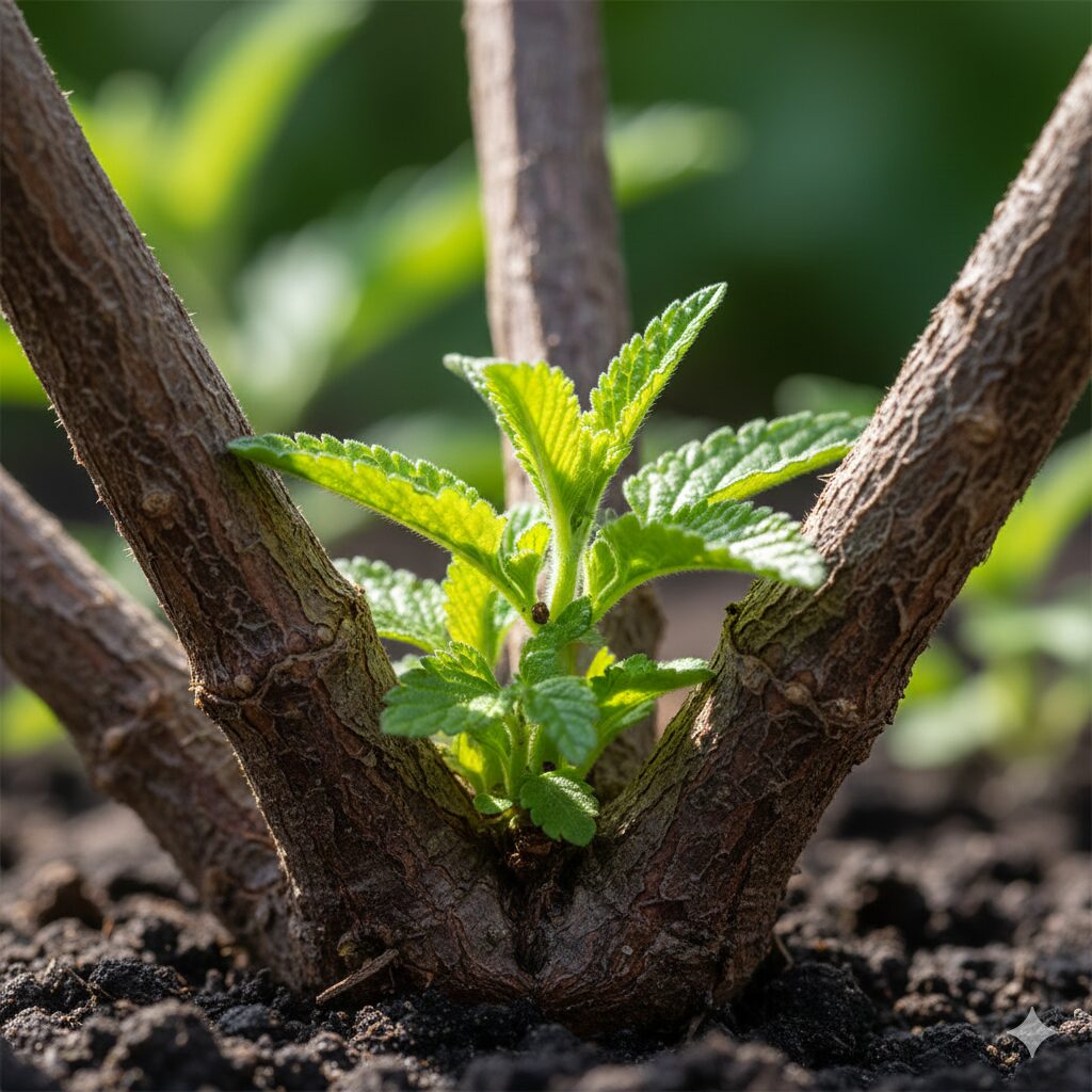 バーベナ 切り戻し 時期6 木質化したバーベナの古い茎の付け根から萌芽した元気な新芽の様子。