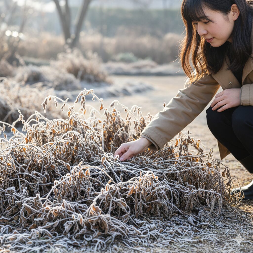 バーベナ 切り戻し 時期7 寒冷地で霜から成長点を守るためにあえて残されたバーベナの枯れ枝と冬越しの様子。