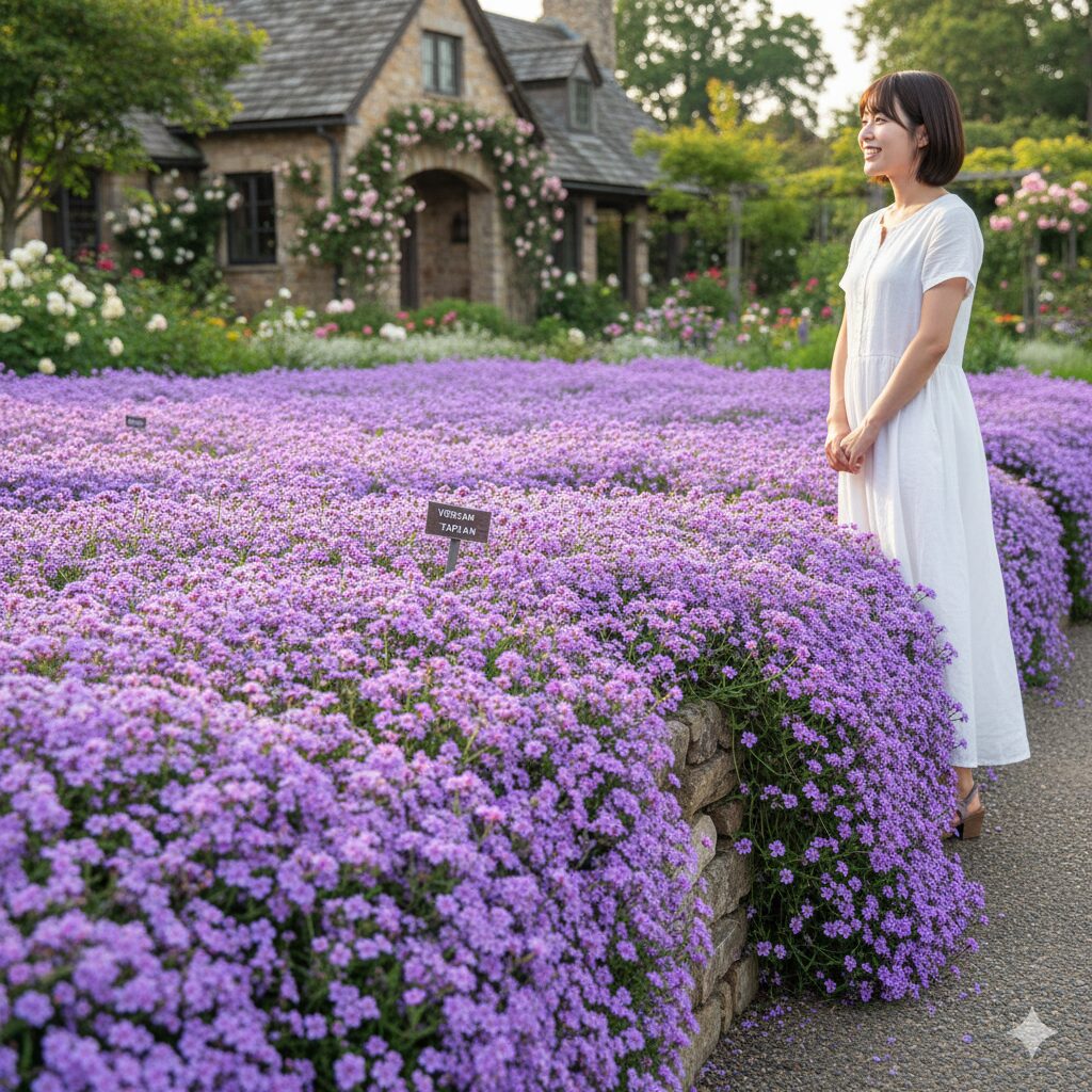 バーベナ 切り戻し 時期8 地面をカーペットのように覆い尽くして満開になったバーベナ・タピアンの風景。