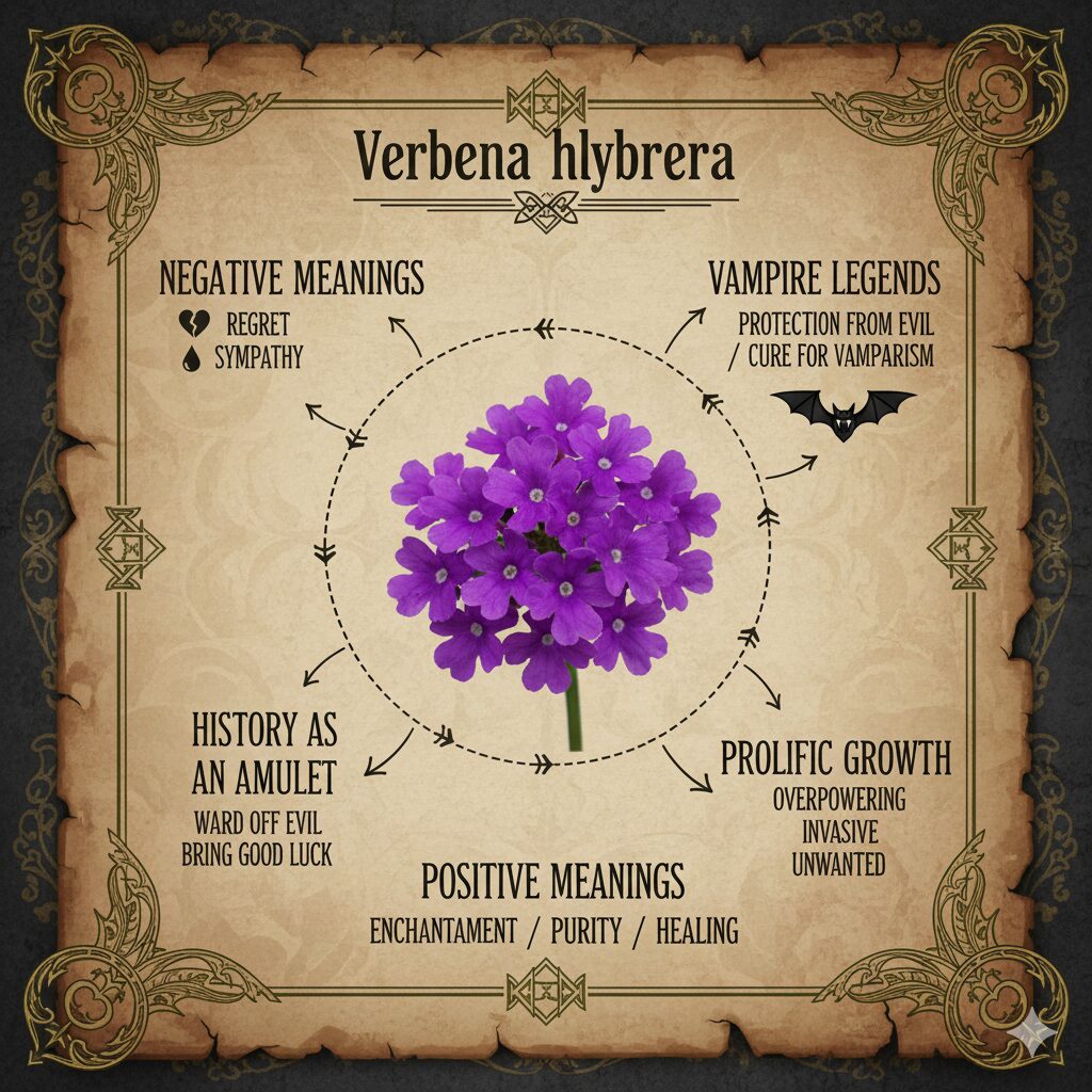 バーベナ 花言葉 怖い1　バーベナの花言葉が怖いと言われる理由（後悔、同情、吸血鬼伝説、魔除けの歴史、繁殖力）を解説したインフォグラフィック