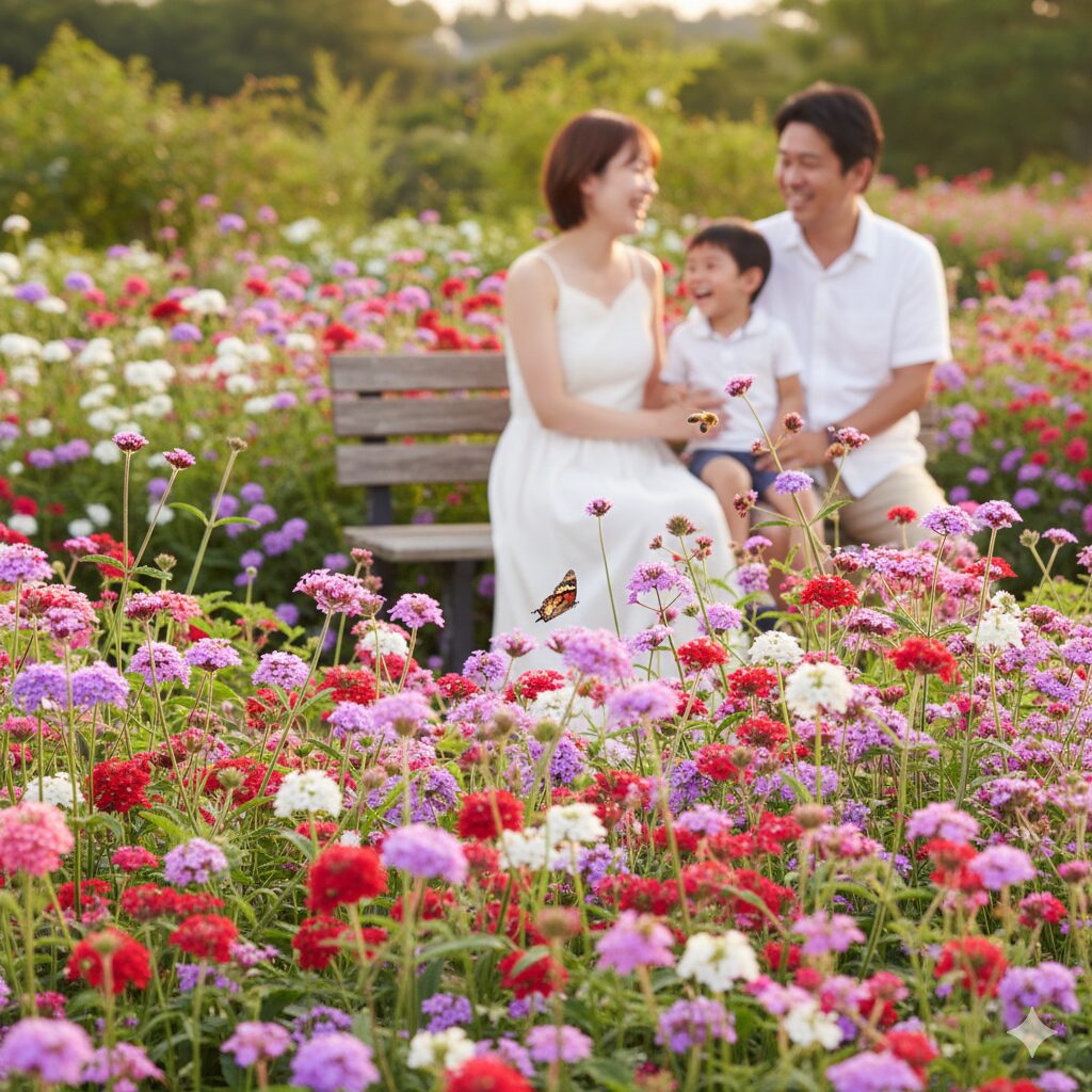 バーベナ 花言葉 怖い10　色とりどりのバーベナが咲き誇る庭で家族が団らんする「家族の和合」を象徴する写真