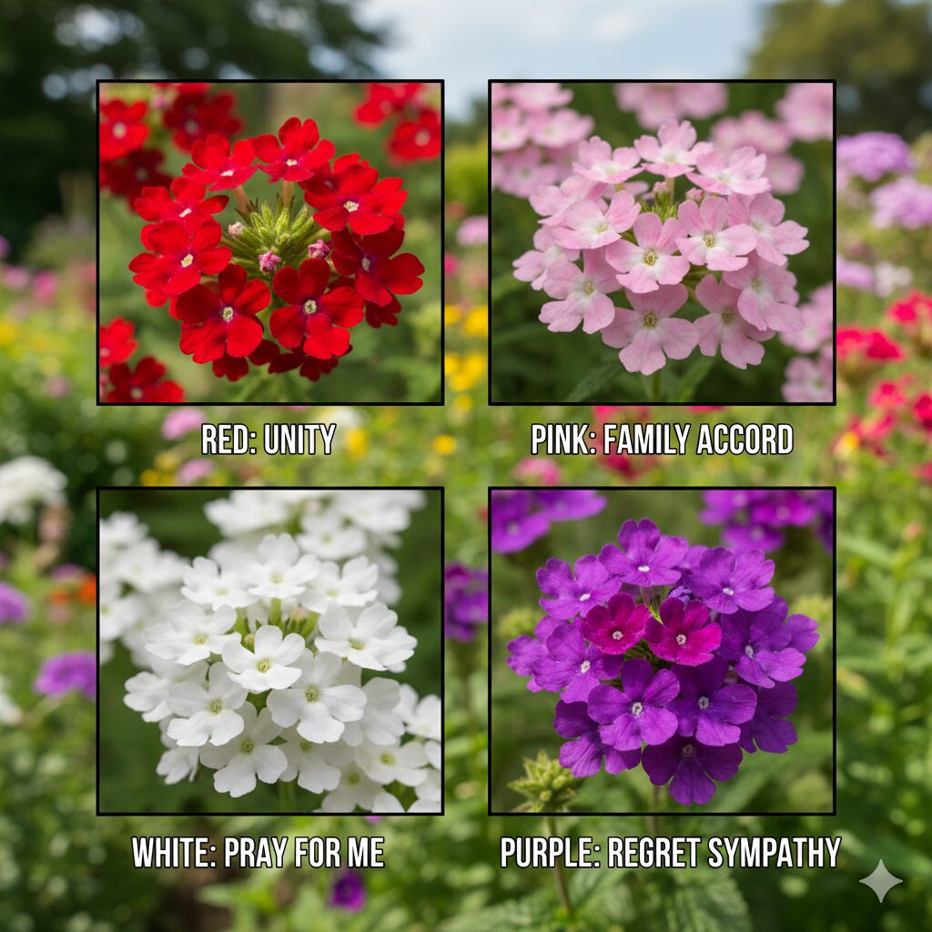 バーベナ 花言葉 怖い2　赤、ピンク、白、紫のバーベナの花とそれぞれの色別の花言葉（団結、家族の和合、祈り、後悔）