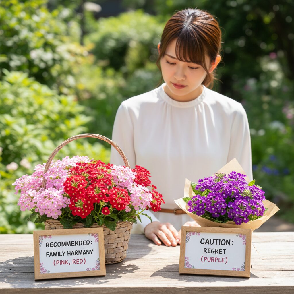 バーベナ 花言葉 怖い3　ギフトにおすすめのピンクと赤のバーベナのアレンジメントと、注意が必要な紫のバーベナの花束