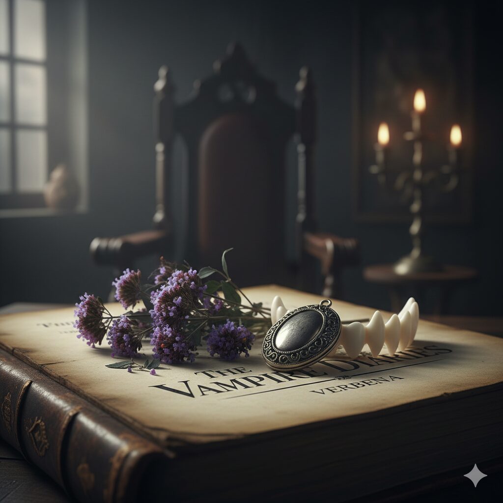 バーベナ 花言葉 怖い4　海外ドラマ『ヴァンパイア・ダイアリーズ』で吸血鬼の弱点とされるバーベナのハーブとペンダントのイメージ