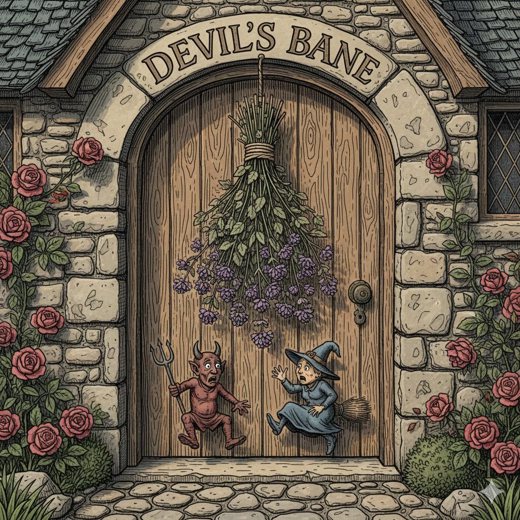 バーベナ 花言葉 怖い5　中世ヨーロッパで魔除けとして玄関に吊るされたバーベナのイラストと「Devil's Bane」の文字