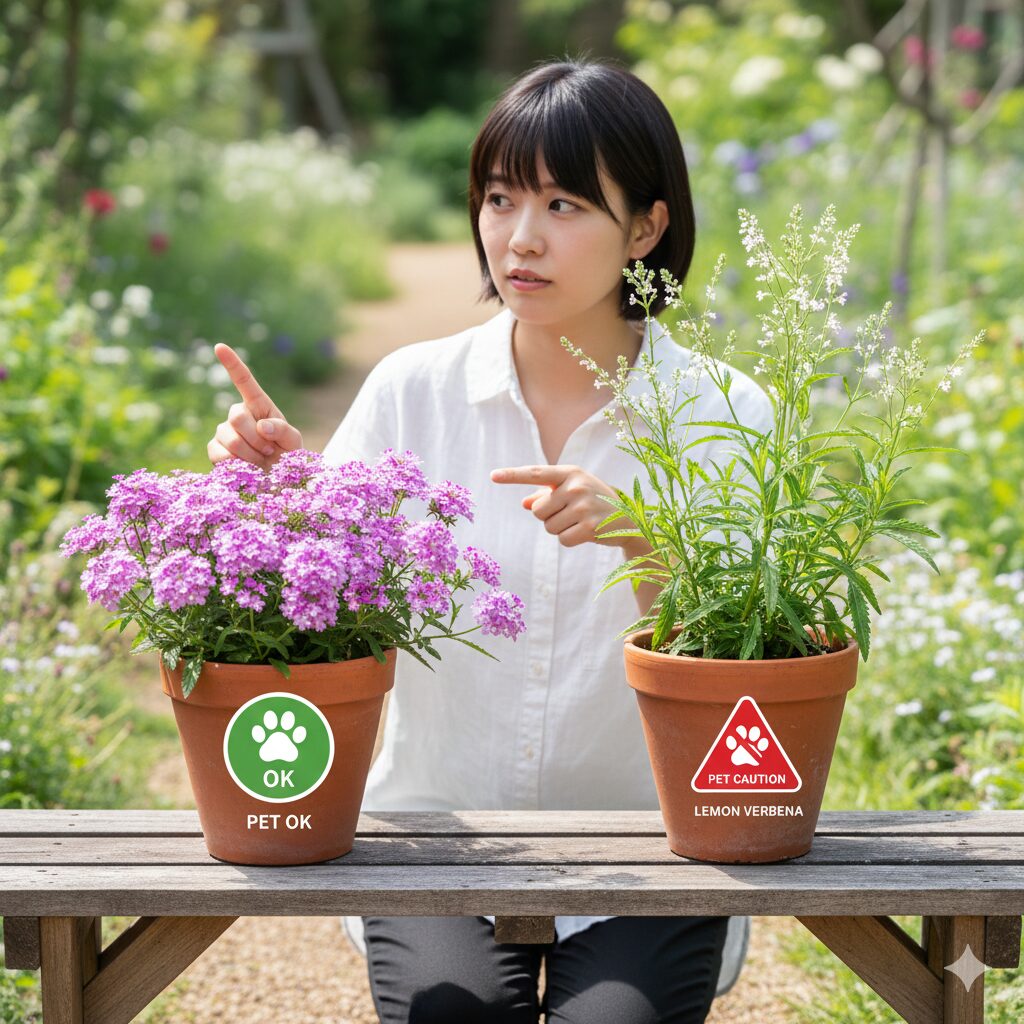 バーベナ 花言葉 怖い6　ペットに安全な観賞用バーベナと注意が必要なレモンバーベナの比較写真