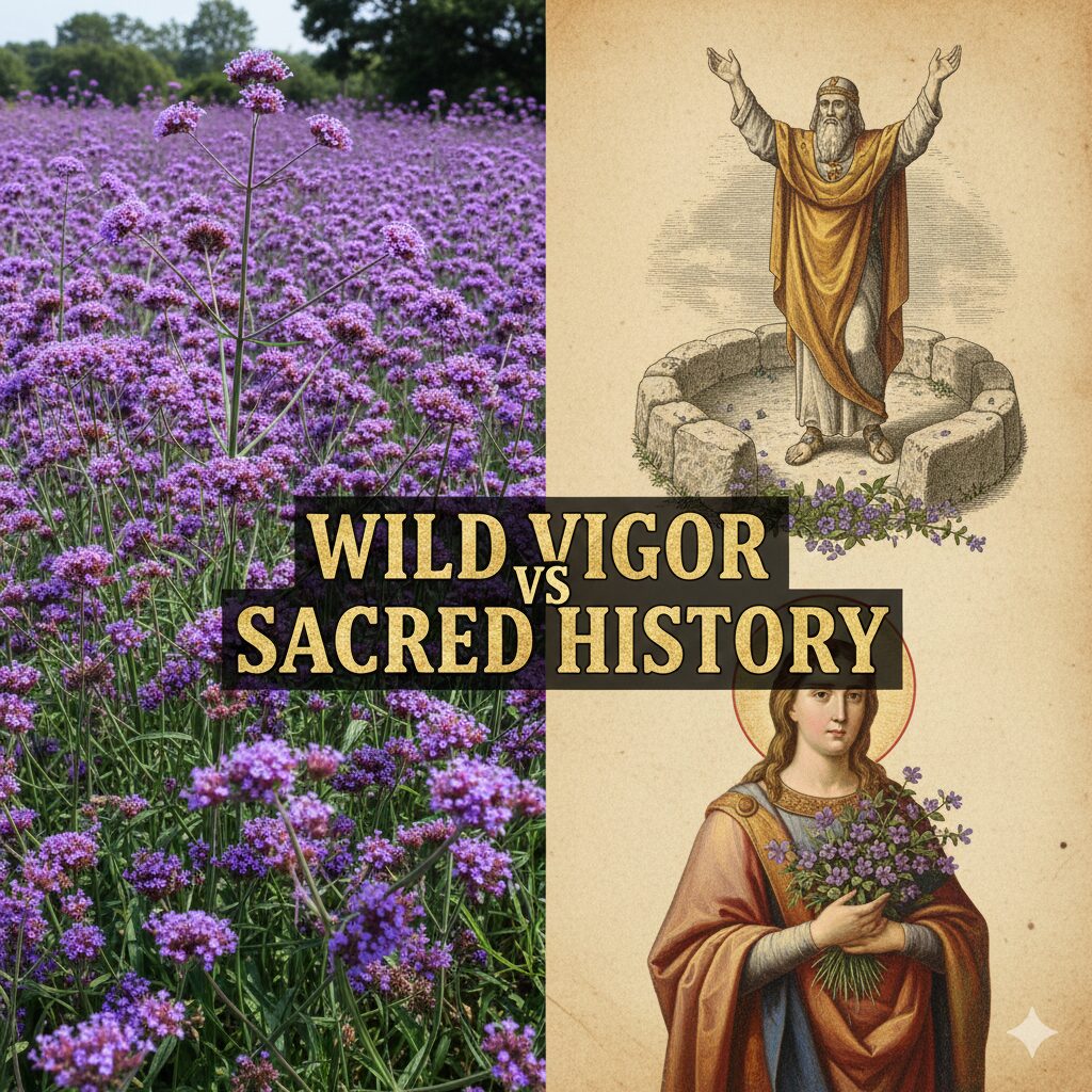 バーベナ 花言葉 怖い7　群生するヤナギハナガサの写真と古代ドルイドやキリスト教伝説の歴史的背景を示す画像のコラージュ