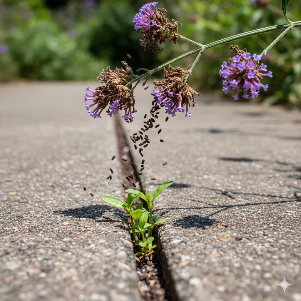 バーベナ 花言葉 怖い8　大量にこぼれ落ちるヤナギハナガサの種子とコンクリートの隙間から発芽する様子