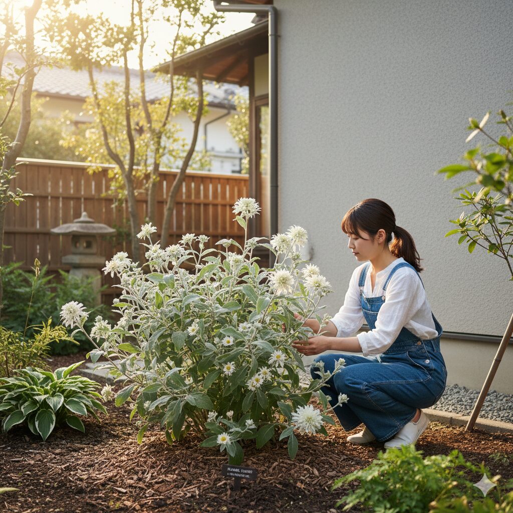 フランネルフラワー 地植え1　フランネルフラワーの地植えに適した風通しの良い東側の庭の配置例