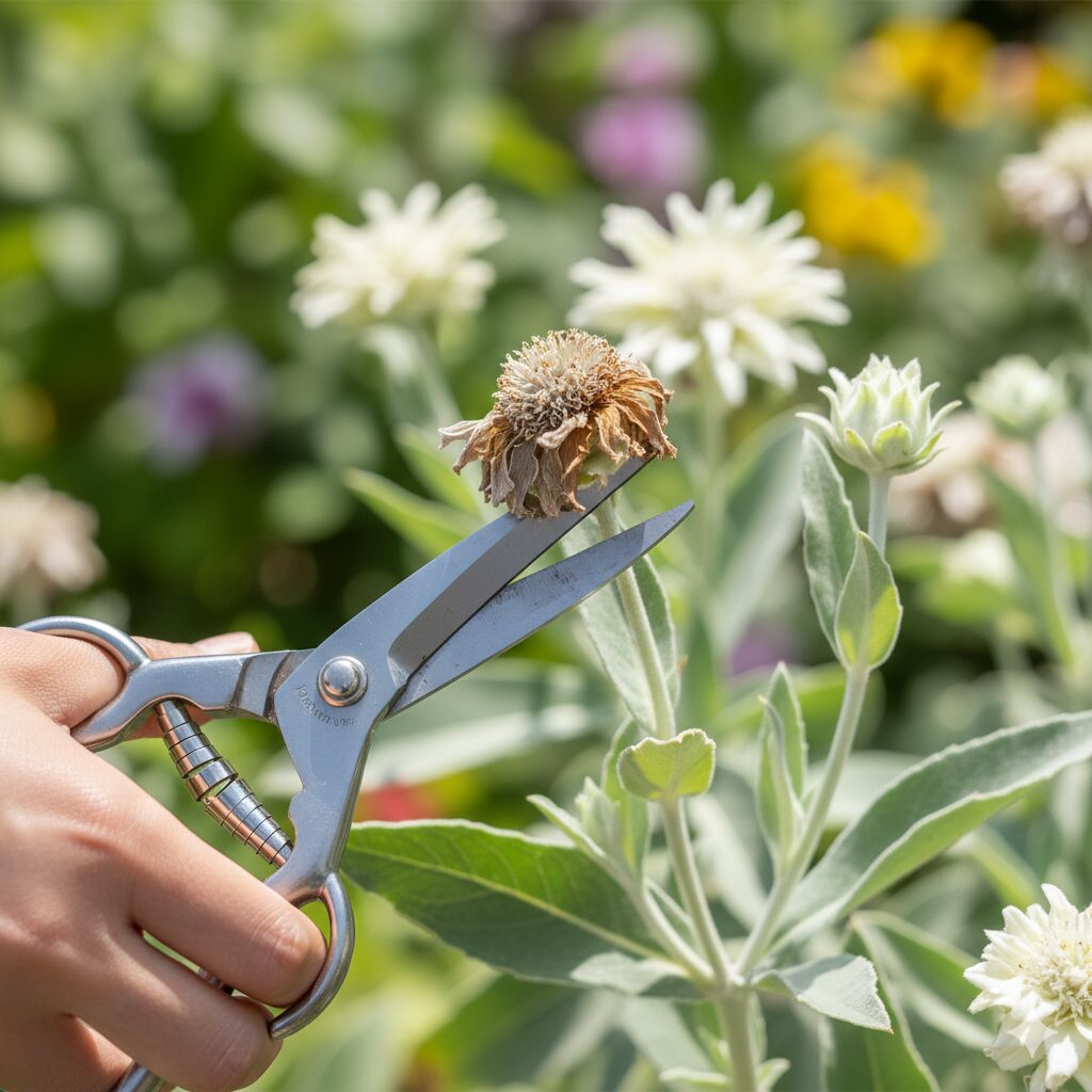 フランネルフラワー 地植え10　株の体力を温存するためのフランネルフラワーの花がら摘み作業