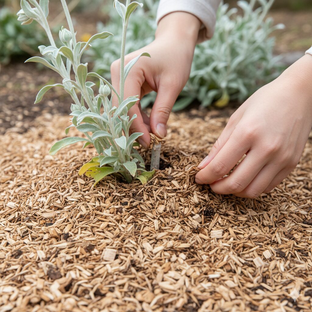 フランネルフラワー 地植え3　寒さ対策としてフランネルフラワーの株元に施されたウッドチップのマルチング