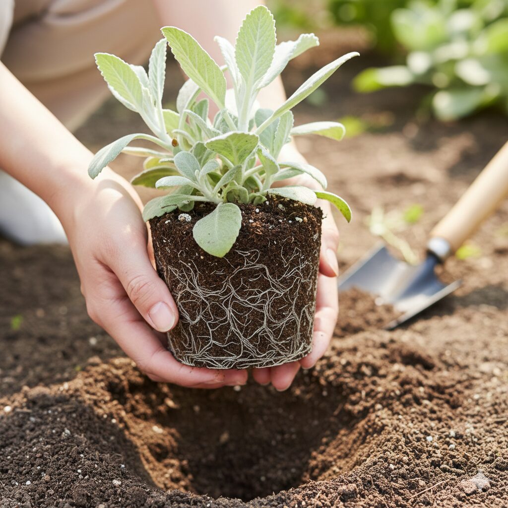 フランネルフラワー 地植え4　根鉢を崩さないようにポットから取り出したフランネルフラワーの苗