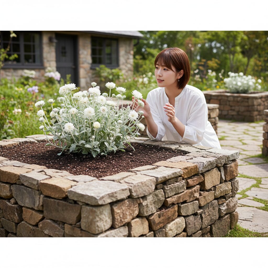 フランネルフラワー 地植え5　排水性を高めるために石積みで作成したレイズドベッドの地植え例