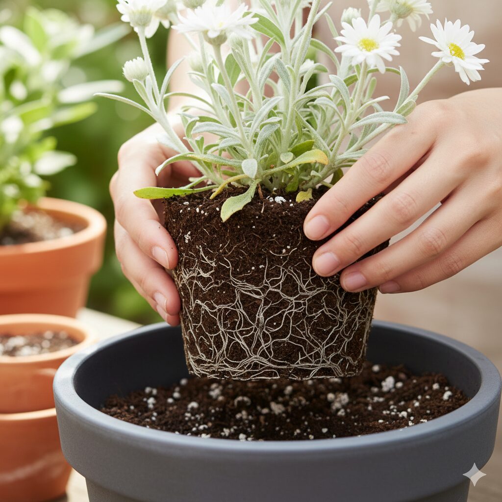 フランネルフラワー 寄せ植え 相性10　根鉢を崩さずに一回り大きな鉢へ植え替えるフランネルフラワーの鉢増し手順