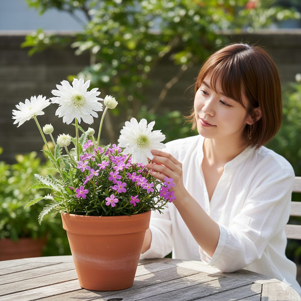 フランネルフラワー 寄せ植え 相性11　フランネルフラワーとサザンクロスの相性抜群な寄せ植えの色のコントラスト