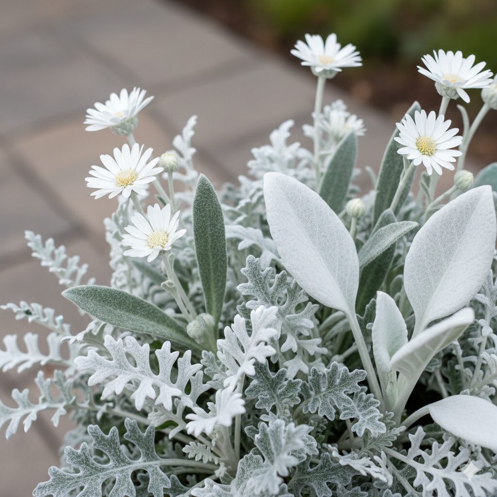 フランネルフラワー 寄せ植え 相性5　シルバーリーフで質感を統一した洗練されたフランネルフラワーの寄せ植え