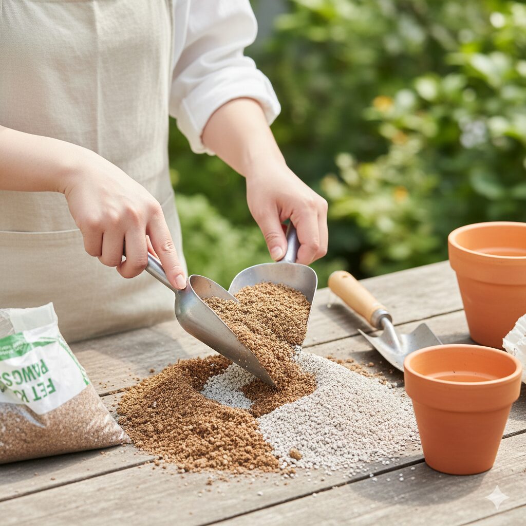 フランネルフラワー 寄せ植え 相性6　フランネルフラワー専用の強酸性土壌を作るためのピートモスと鹿沼土の配合