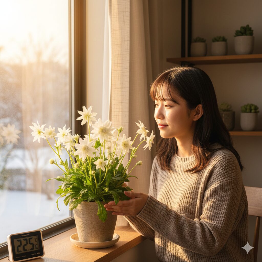 フランネルフラワー 寄せ植え 相性8　夏越しを成功させるための雨が当たらない軒下でのフランネルフラワー管理
