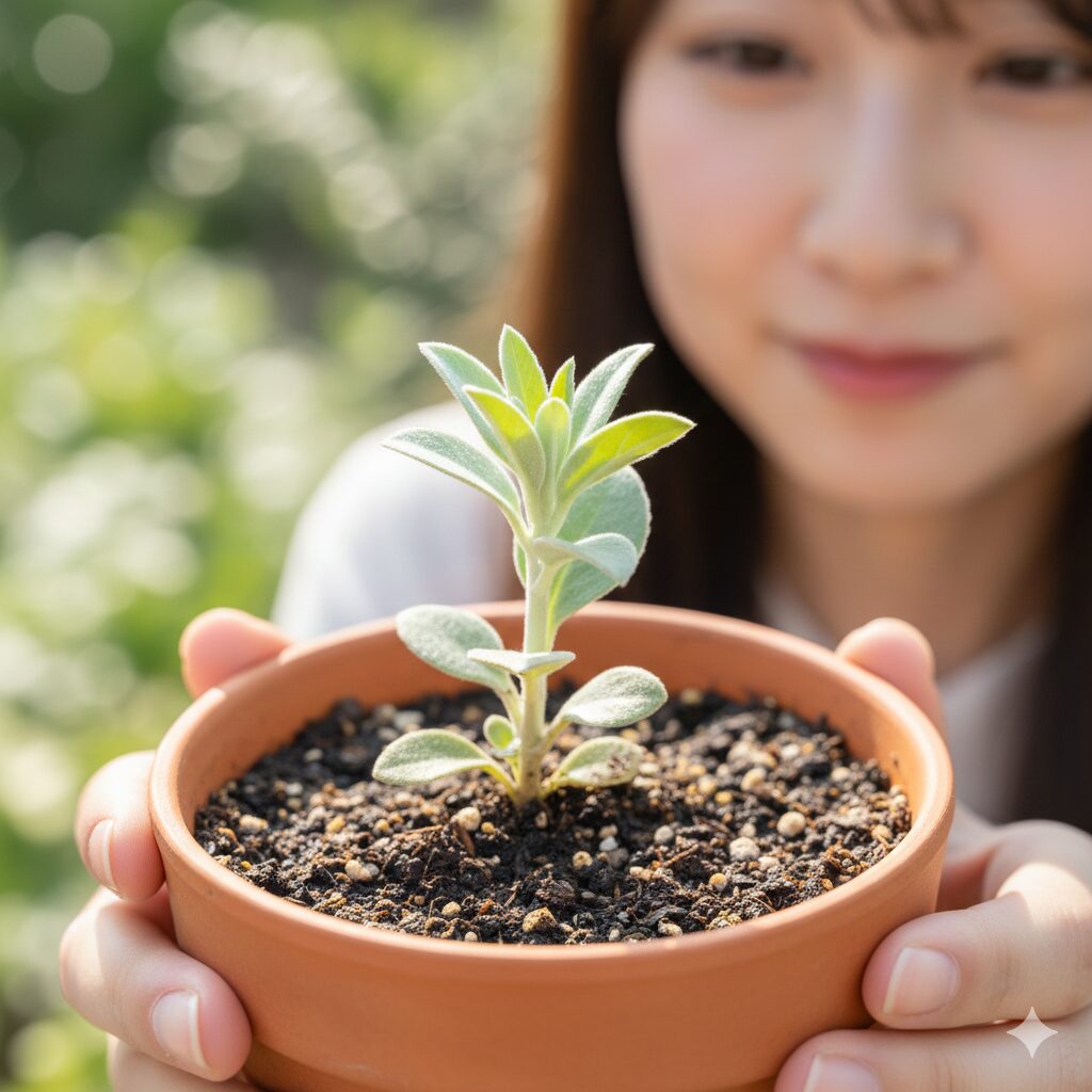 フランネルフラワー 挿し木10　フランネルフラワーの発根成功サイン｜挿し木から新芽が展開し始めた健康な幼苗