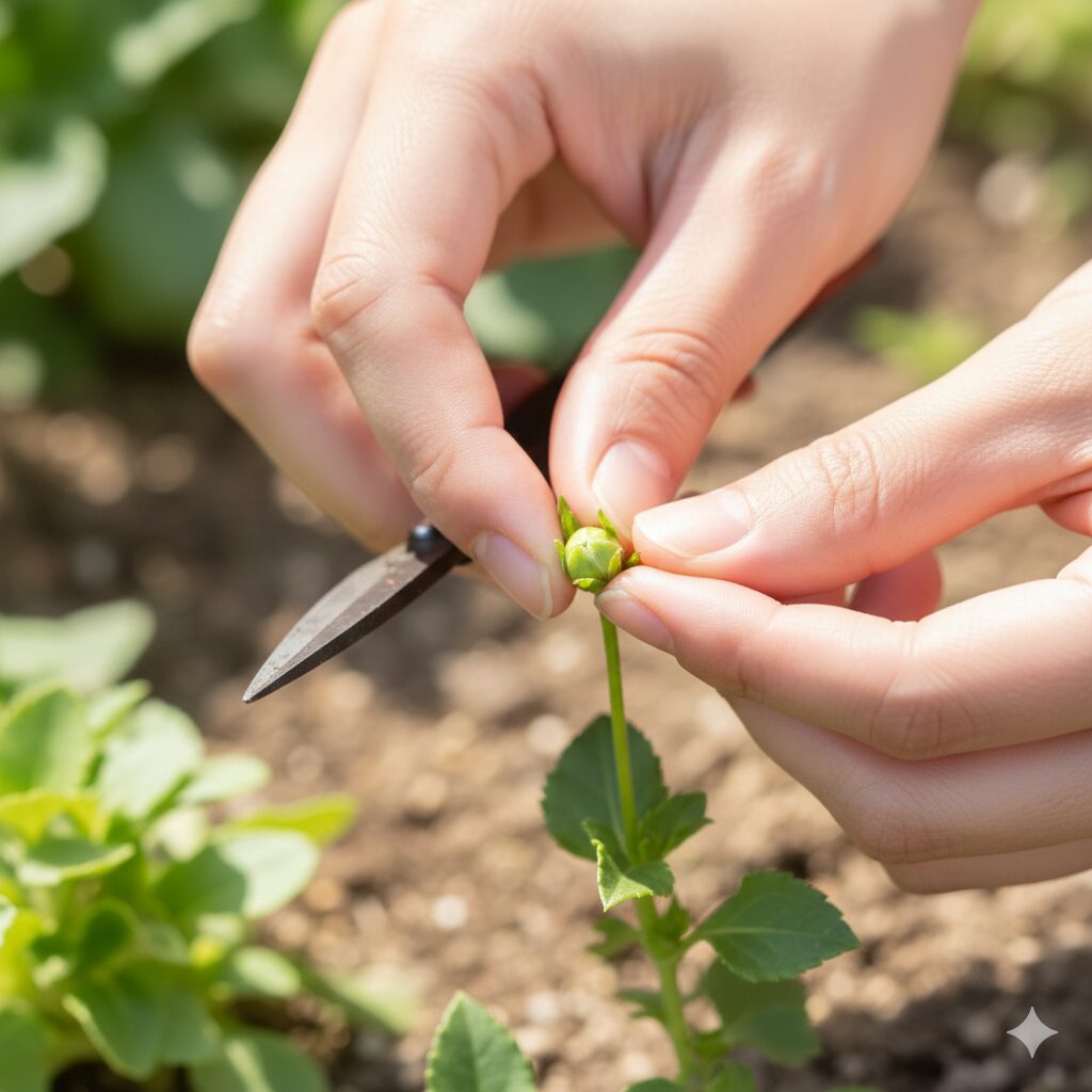 フランネルフラワー 挿し木5　挿し穂の調整｜発根を促すためにフランネルフラワーの小さな蕾や花を摘み取る作業