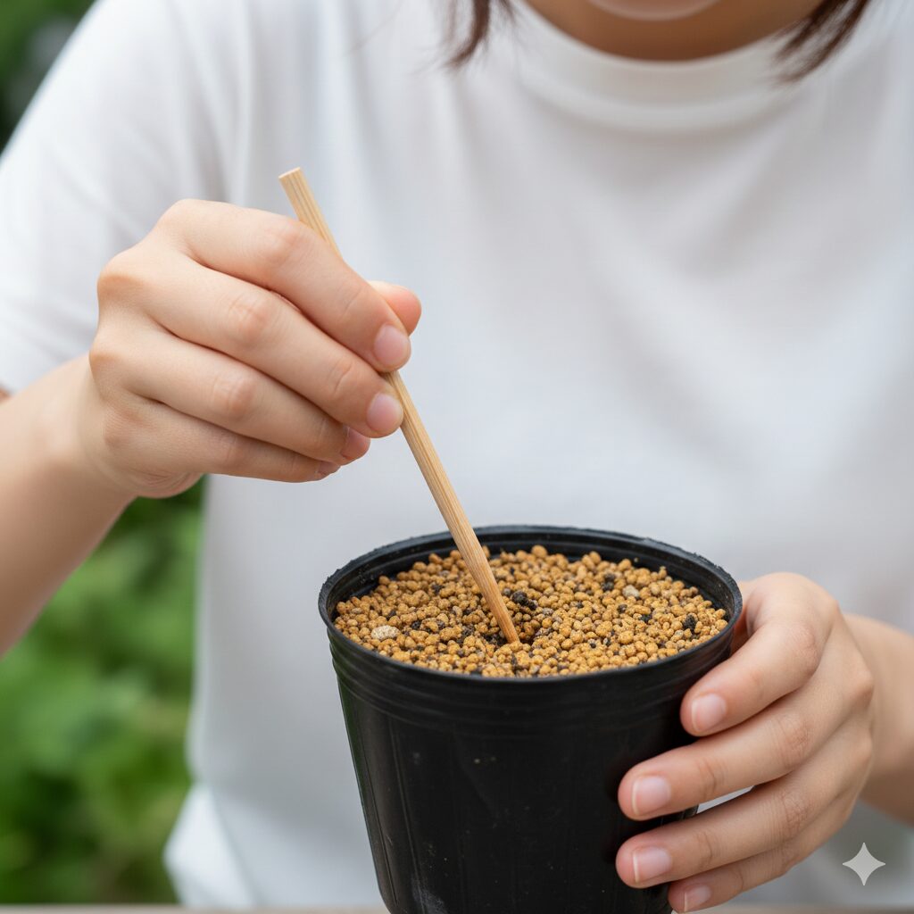 フランネルフラワー 挿し木8　挿し木の手順｜割り箸でガイド穴を開けて挿し穂の断面と発根促進剤を保護する