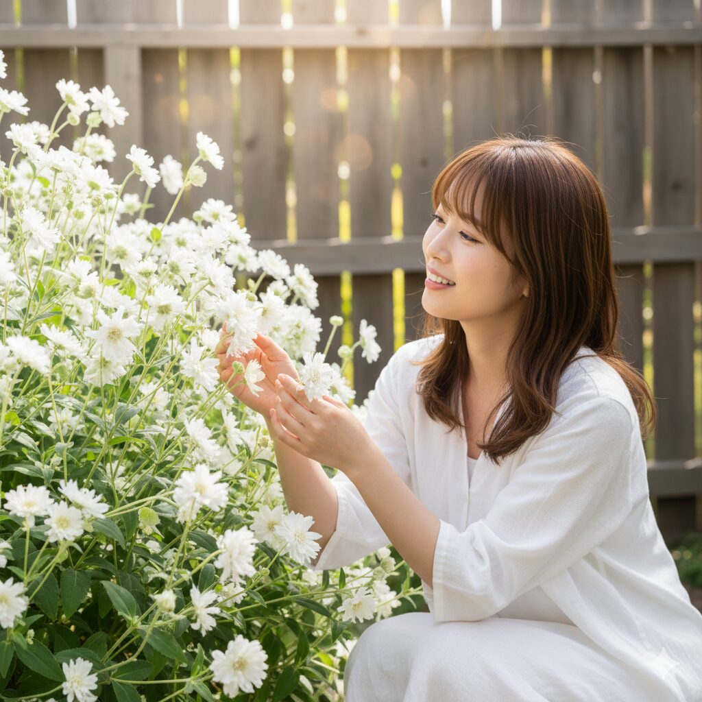 フランネルフラワー 難しい1　太陽の光を浴びて庭で満開に咲く、白くふわふわした質感のフランネルフラワー