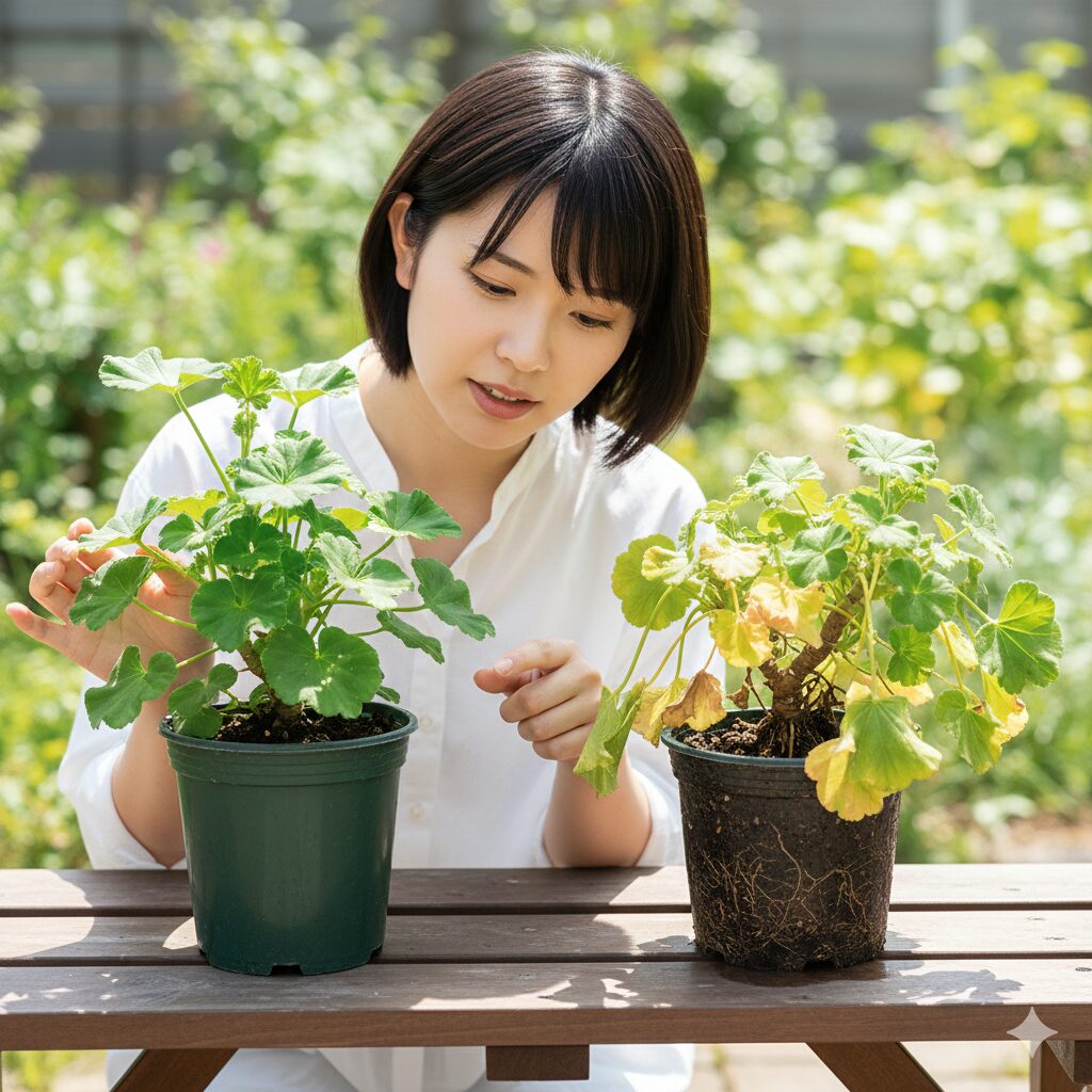 フランネルフラワー 難しい10　フランネルフラワーの健康な株と根腐れの兆候が見られる株の比較観察