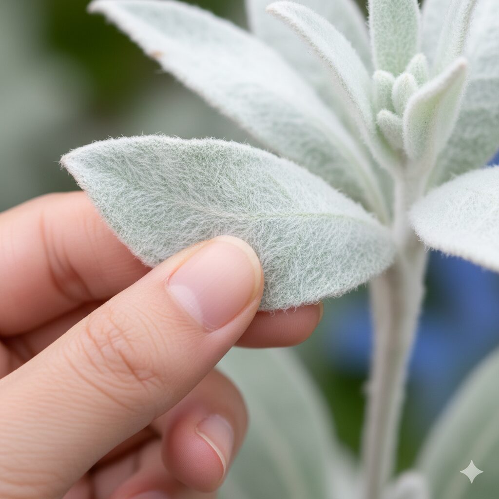 フランネルフラワー 難しい2　フランネルフラワーの特徴である葉と花の表面を覆う白い産毛の拡大写真