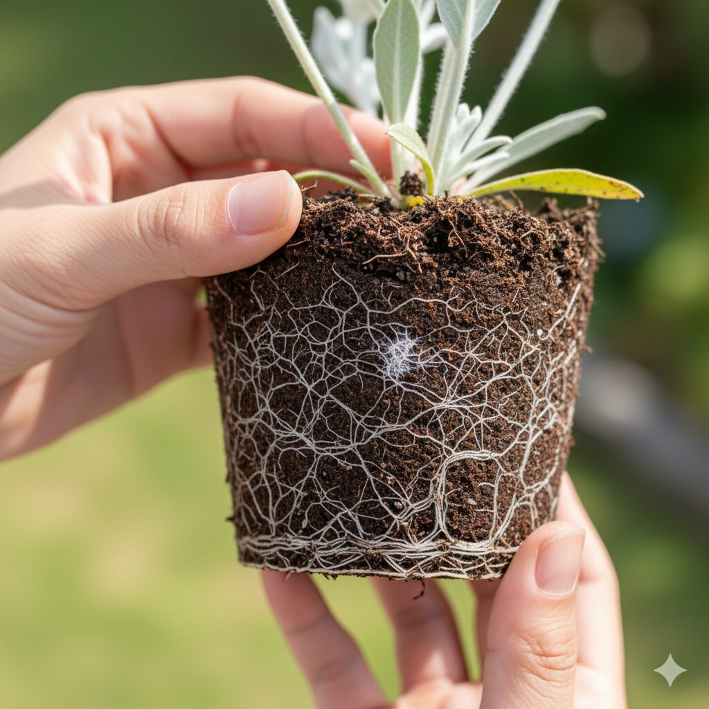 フランネルフラワー 難しい4　ポットから抜いた状態のフランネルフラワーの非常に繊細で細い根系