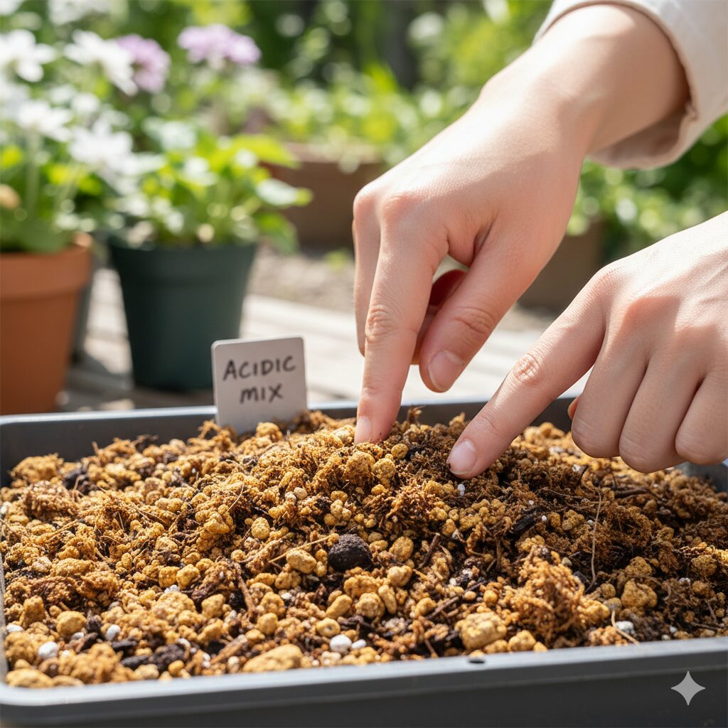 フランネルフラワー 難しい5　鹿沼土とピートモスを配合したフランネルフラワー栽培に最適な酸性用土