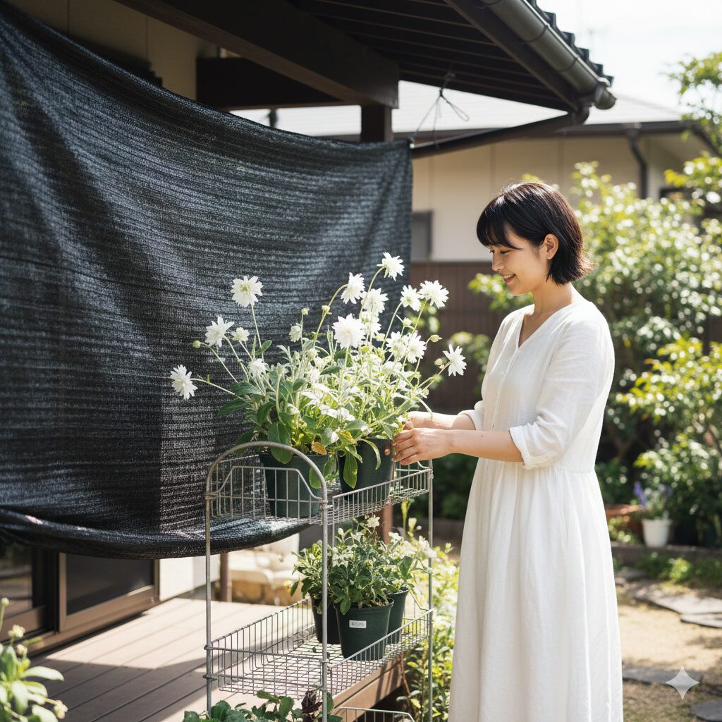 フランネルフラワー 難しい6　夏の暑さ対策としてフラワースタンドと遮光ネットで管理されるフランネルフラワー