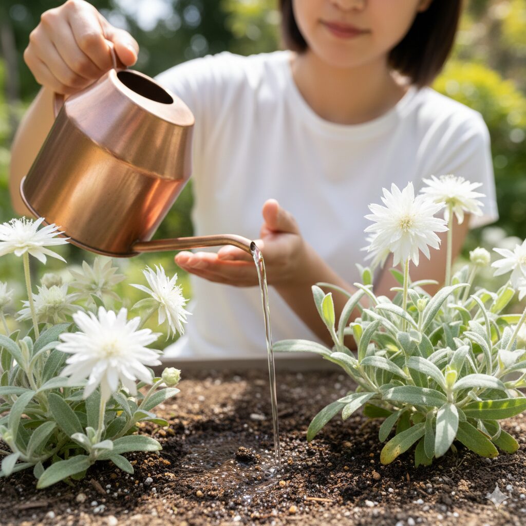 フランネルフラワー 難しい7　植物の株元に細口のジョウロでそっと水を与えている様子。葉や花に水がかからないよう、土の表面だけに水を注ぐ丁寧な水やりの技術を実演している。