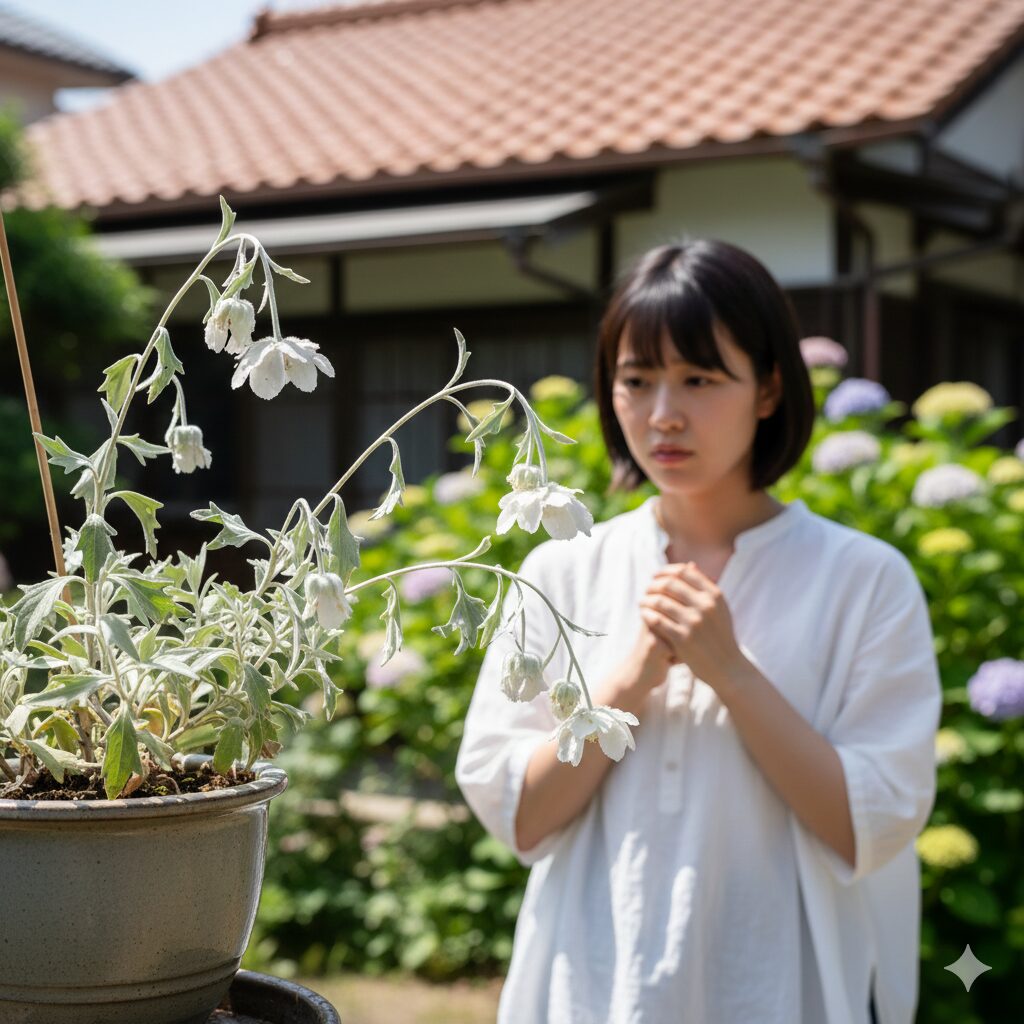 フランネルフラワーしおれる1　ぐったりとしおれて元気がない鉢植えのフランネルフラワー