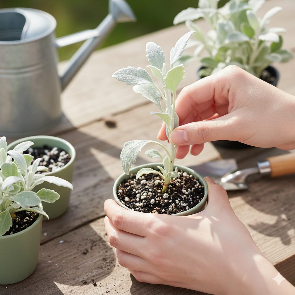 フランネルフラワーしおれる10　フランネルフラワーを挿し木で増やして株を若返らせる様子