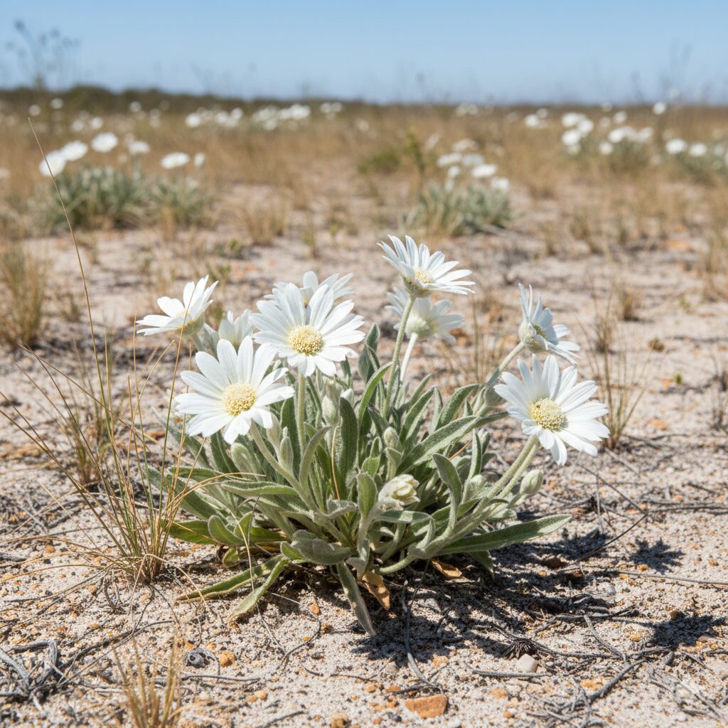 フランネルフラワーしおれる2　フランネルフラワーの自生地であるオーストラリアの乾燥した砂地環境