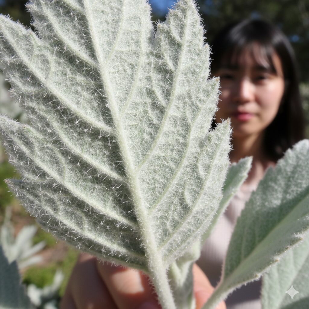 フランネルフラワーしおれる3　フランネルフラワーの葉の表面にある白いふわふわした毛（トリコーム）の拡大写真