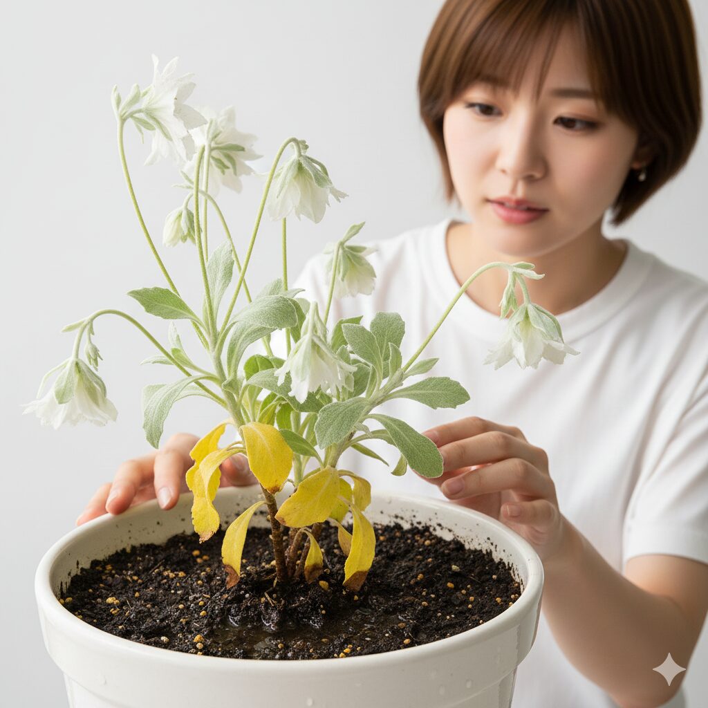 フランネルフラワーしおれる4　根腐れのサインである下葉の黄変としおれが見られるフランネルフラワー