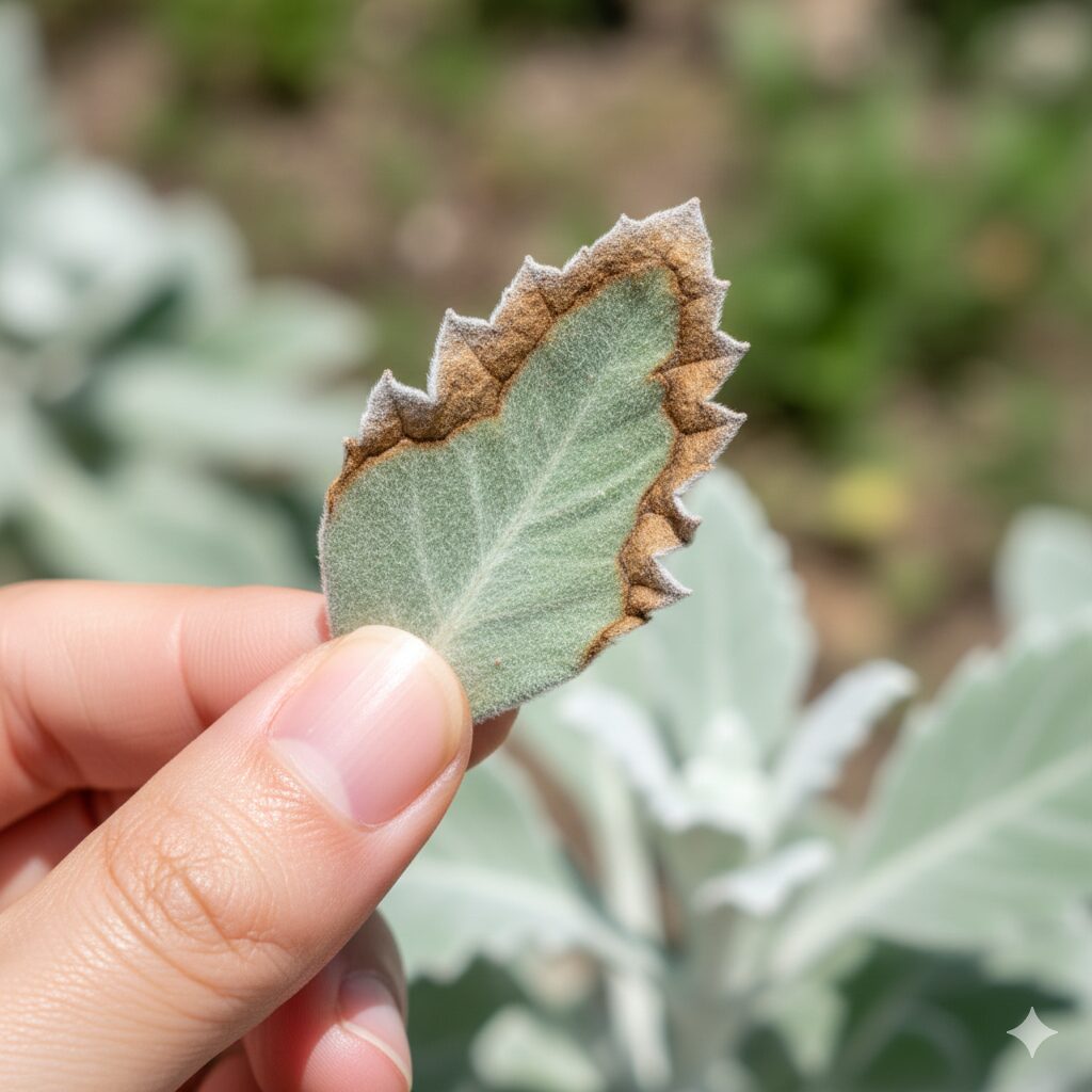 フランネルフラワーしおれる5　肥料焼けによって葉の縁が茶色く枯れたフランネルフラワーの葉