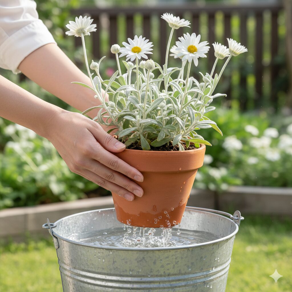 フランネルフラワーしおれる6　水切れしたフランネルフラワーを復活させるためのバケツを使ったドブ浸け作業