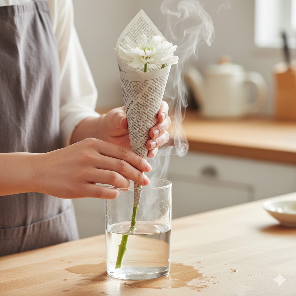 フランネルフラワーしおれる8　しおれた切花のフランネルフラワーを復活させる湯揚げの工程