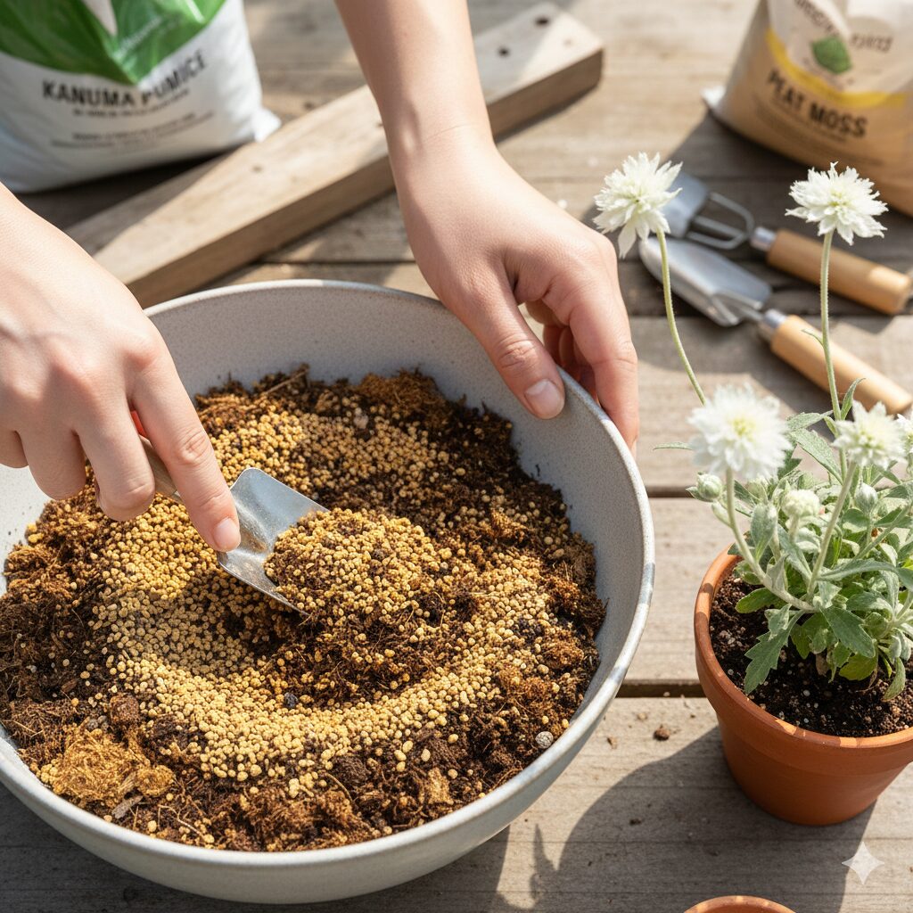 フランネルフラワーしおれる9　フランネルフラワーに適した鹿沼土とピートモスの配合土