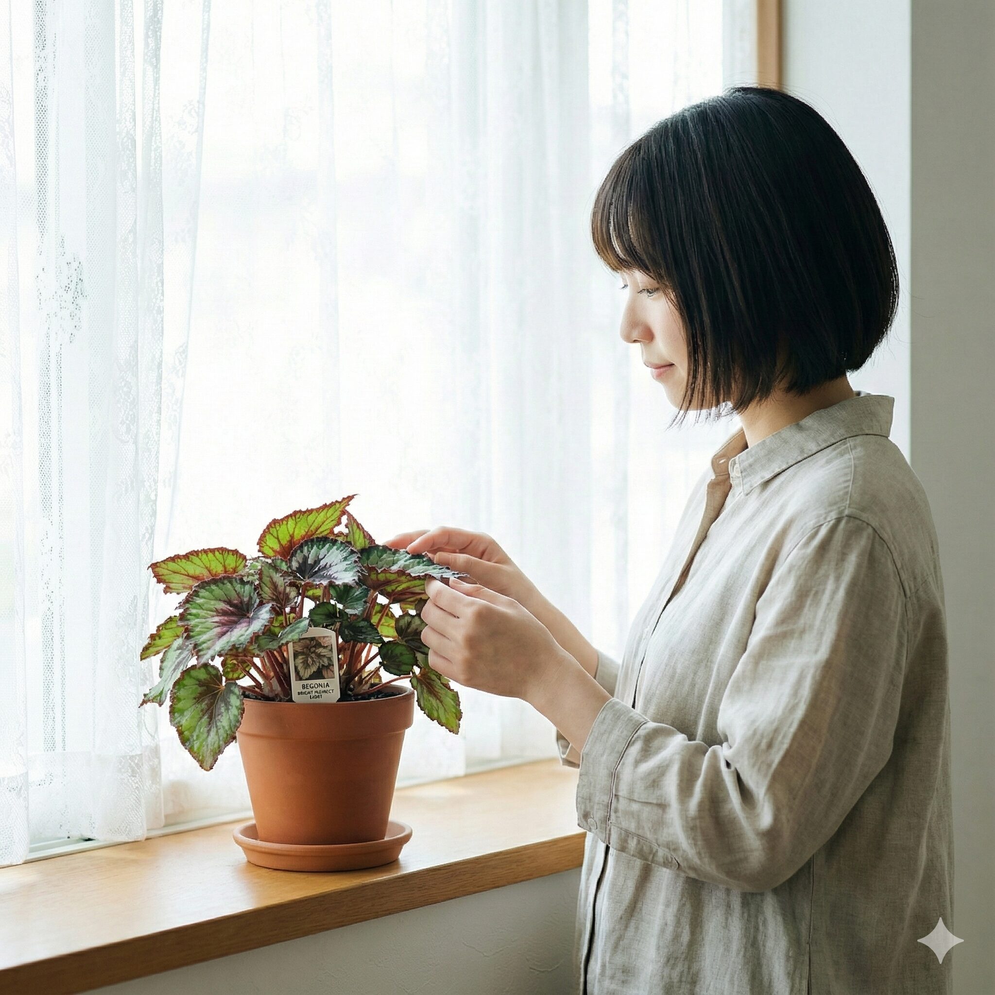 ベゴニア 育て方 鉢植え2　ベゴニアの室内栽培に適したレースカーテン越しの明るい窓辺の環境
