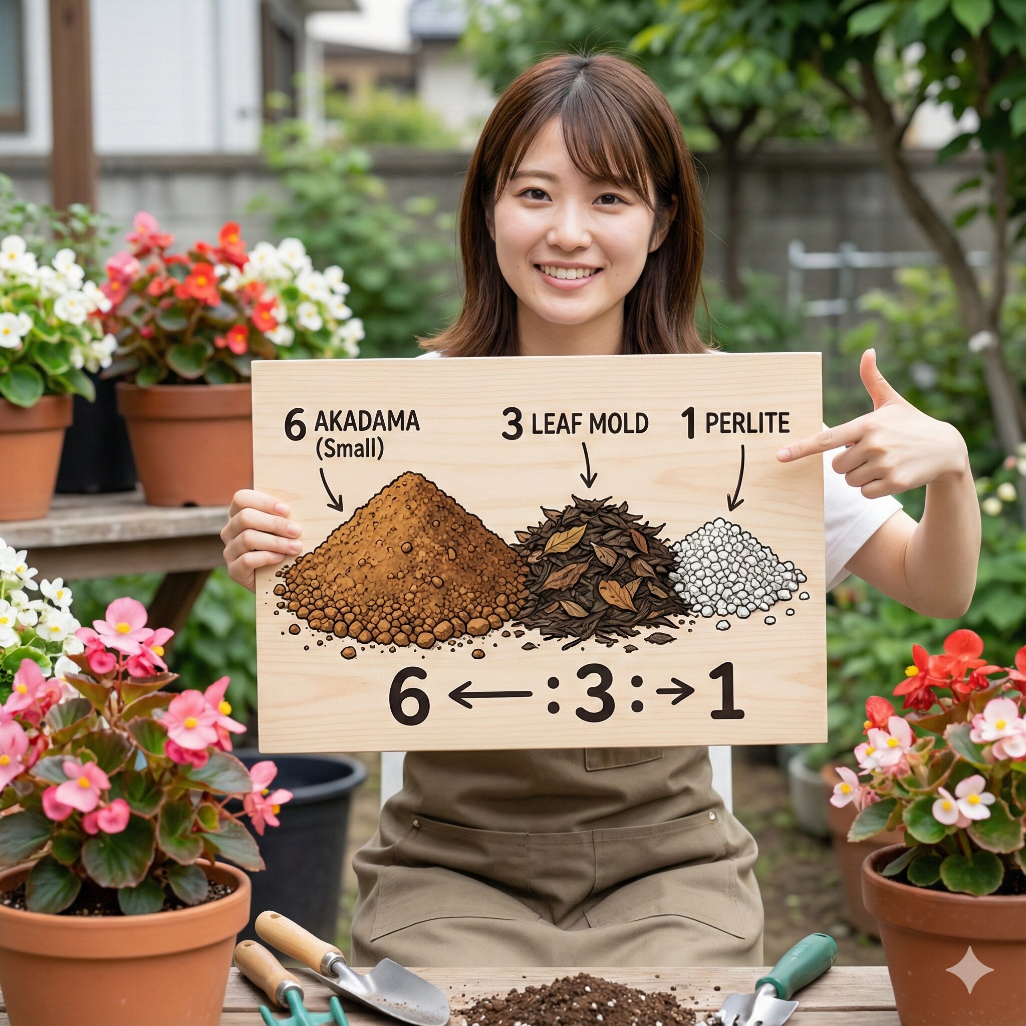 ベゴニア 育て方 鉢植え3　ベゴニアの鉢植えに最適な用土の配合比率（赤玉土6：腐葉土3：パーライト1）