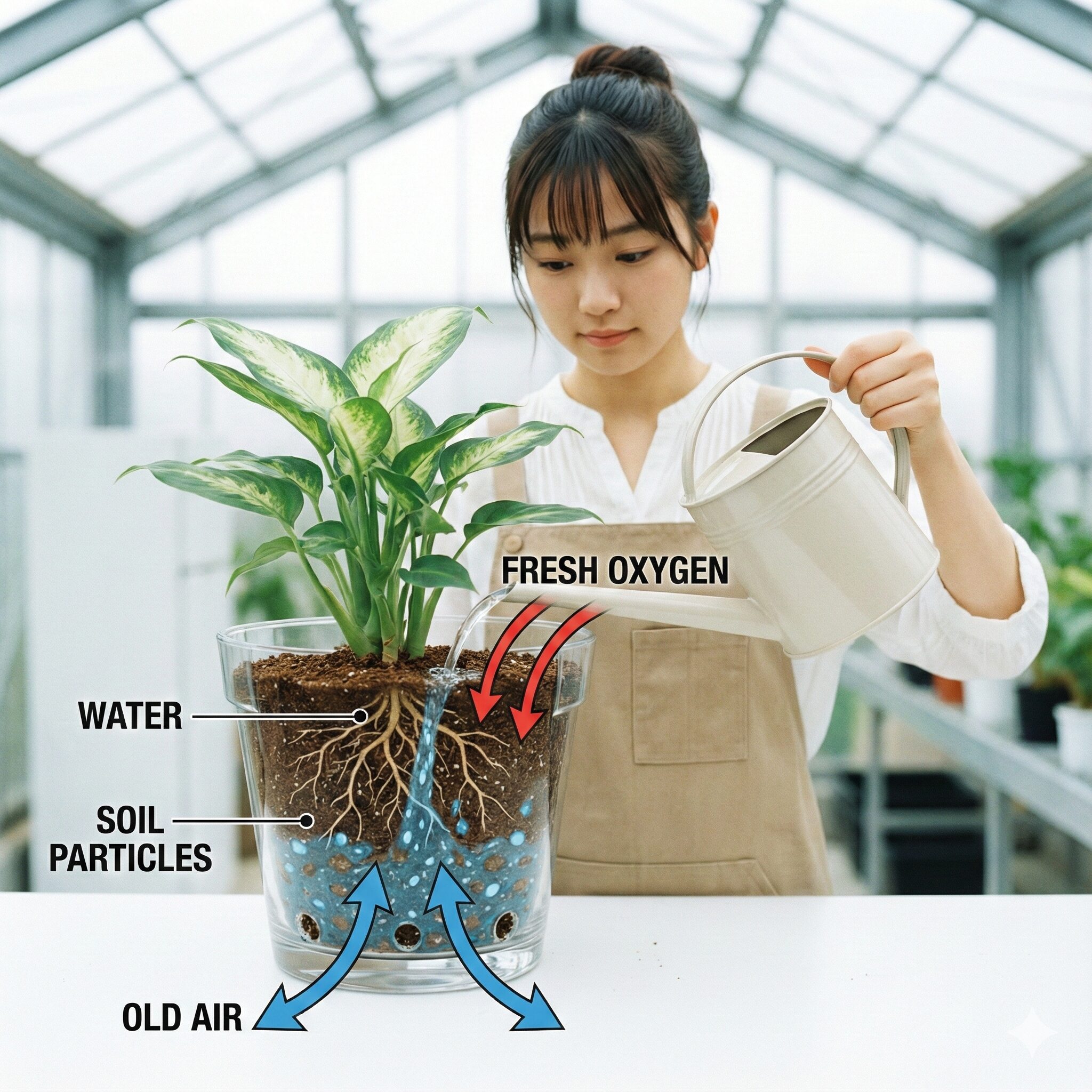 ベゴニア 育て方 鉢植え4　鉢植えの水やりによる土壌内の空気入れ替えと酸素供給の仕組み図解