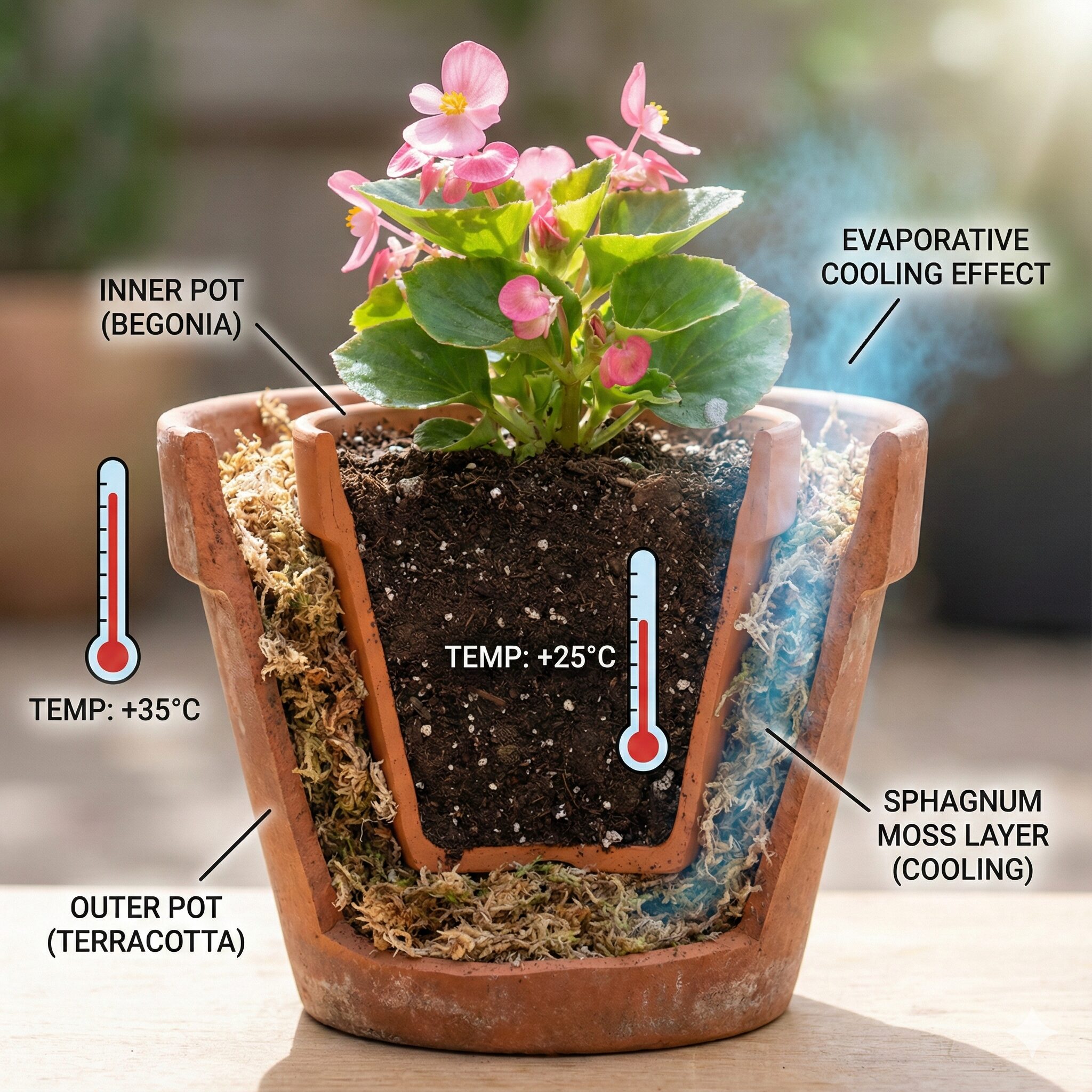ベゴニア 育て方 鉢植え7　ベゴニアの夏越しに効果的な二重鉢（鉢カバー）による断熱と冷却の構造